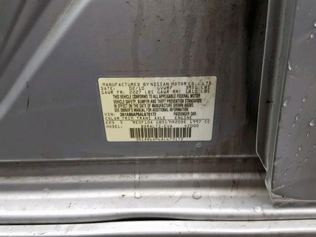 3N1AB6AP6AL670172 - 2010 NISSAN SENTRA 2.0 SILVER photo 10