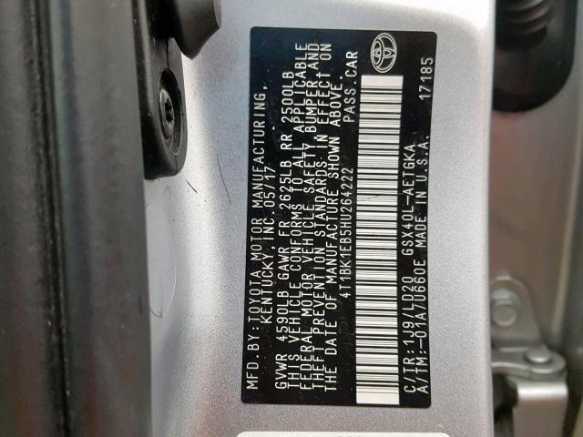 4T1BK1EB5HU264222 - 2017 TOYOTA AVALON XLE SILVER photo 10