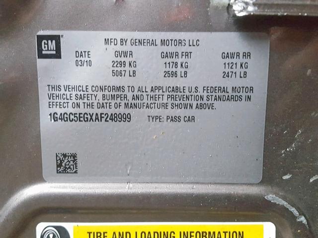 1G4GC5EGXAF248999 - 2010 BUICK LACROSSE C GRAY photo 10