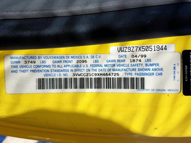 3VWCC21C9XM464725 - 1999 VOLKSWAGEN NEW BEETLE Gelb Foto 10