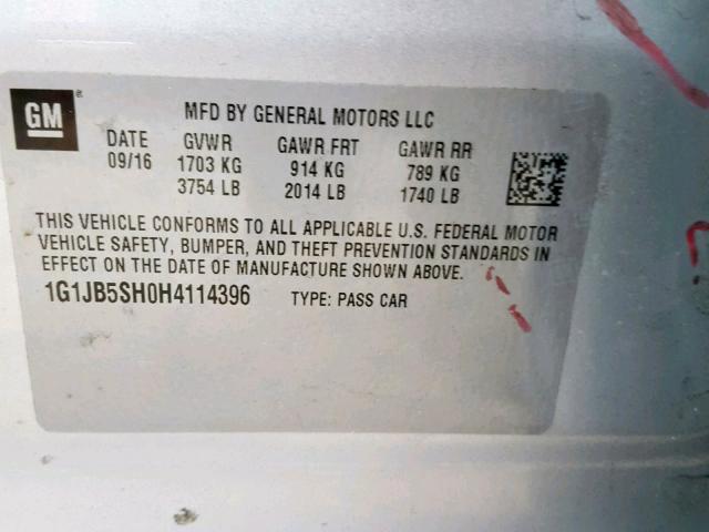 1G1JB5SH0H4114396 - 2017 CHEVROLET SONIC LS 银色 照片 10