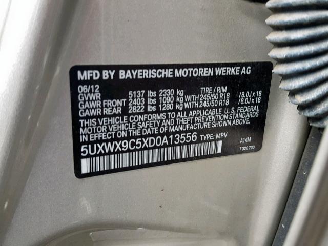 5UXWX9C5XD0A13556 - 2013 BMW X3 XDRIVE2 SILVER photo 10