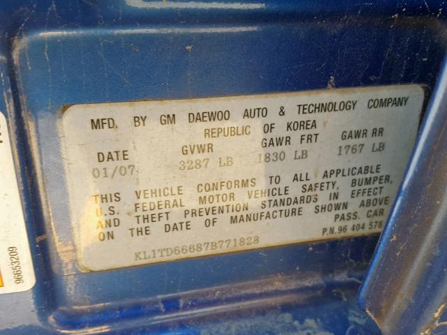 KL1TD66687B771828 - 2007 CHEVROLET AVEO BASE ლურჯი ფოტო 10