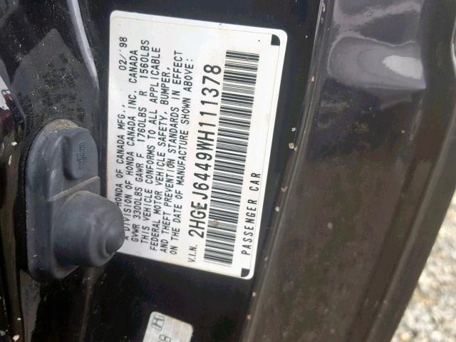 2HGEJ6449WH111378 - 1998 HONDA CIVIC DX GOLD photo 10