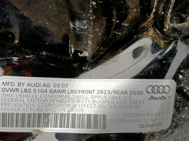 WAUAH74F47N136713 - 2007 AUDI A6 3.2 BLACK photo 10