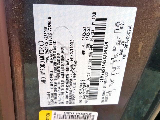 2FMZA51645BA69439 - 2005 FORD FREESTAR S GRAY photo 10