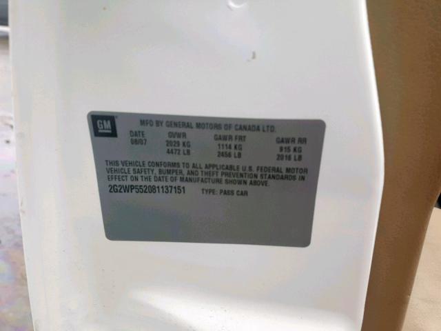 2G2WP552081137151 - 2008 PONTIAC GRAND PRIX WHITE photo 10