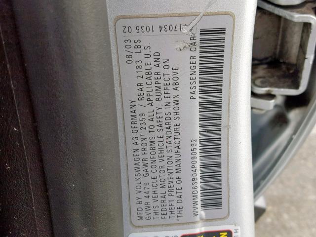 WVWMD63B04P090592 - 2004 VOLKSWAGEN PASSAT GL SILVER photo 10