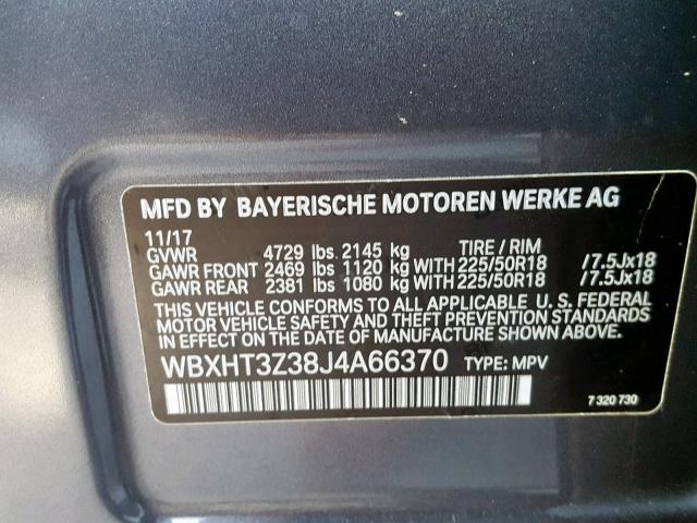 WBXHT3Z38J4A66370 - 2018 BMW X1 XDRIVE2 GRAY photo 10