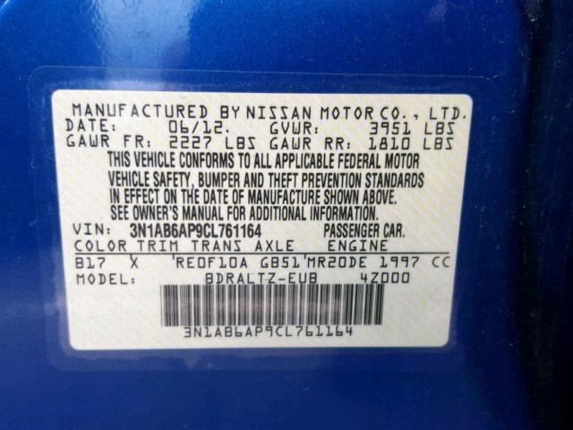 3N1AB6AP9CL761164 - 2012 NISSAN SENTRA 2.0 BLUE photo 10