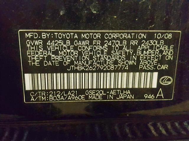 JTHBK262792087774 - 2009 LEXUS IS 250 BLACK photo 10