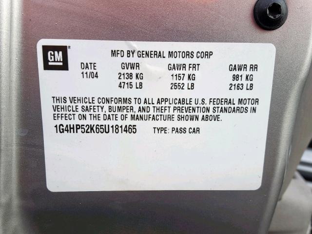 1G4HP52K65U181465 - 2005 BUICK LESABRE CU SILVER photo 10