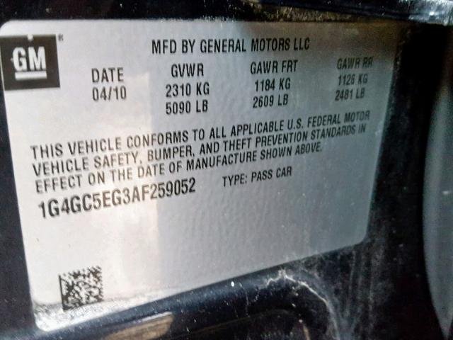 1G4GC5EG3AF259052 - 2010 BUICK LACROSSE C BLACK photo 10