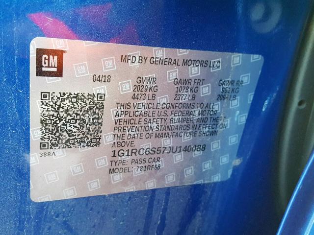 1G1RC6S57JU140088 - 2018 CHEVROLET VOLT LT BLUE photo 10