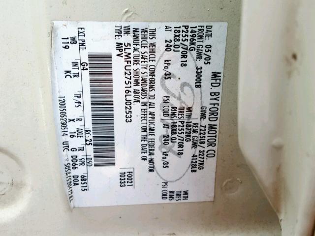 5LMFU27516LJ02533 - 2006 LINCOLN NAVIGATOR 白色 照片 10