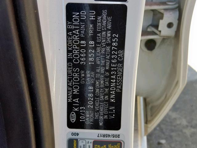 KNADN4A31E6327852 - 2014 KIA RIO EX WHITE photo 10