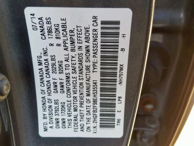 2HGFB2F98EH535541 - 2014 HONDA CIVIC EXL GRAY photo 10