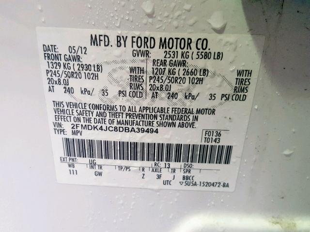 2FMDK4JC8DBA39494 - 2013 FORD EDGE SEL WHITE photo 10