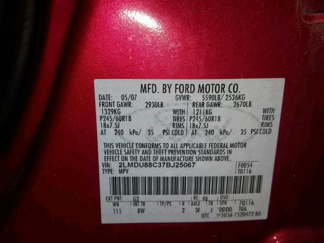 2LMDU88C37BJ25067 - 2007 LINCOLN MKX RED photo 10