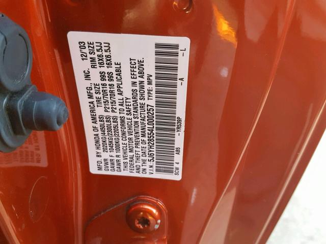 5J6YH28554L000257 - 2004 HONDA ELEMENT EX ORANGE photo 10