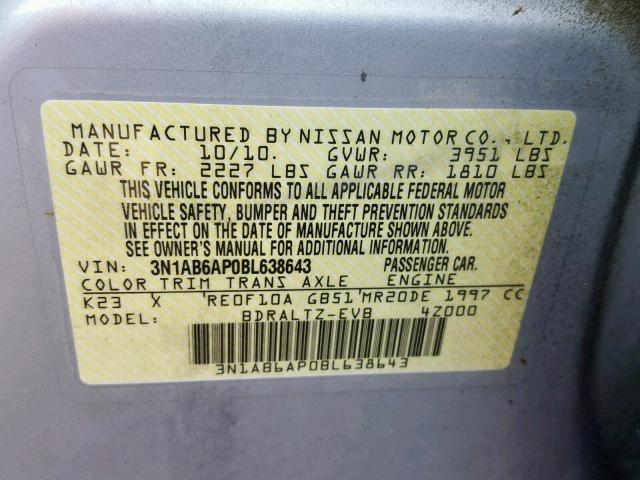 3N1AB6AP0BL638643 - 2011 NISSAN SENTRA 2.0 SILVER photo 10