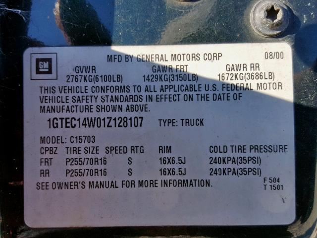 1GTEC14W01Z128107 - 2001 GMC NEW SIERRA GREEN photo 10