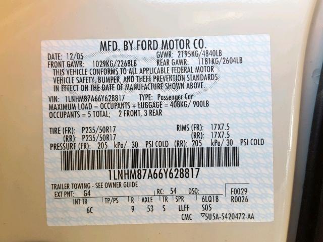 1LNHM87A66Y628817 - 2006 LINCOLN LS CREAM photo 10