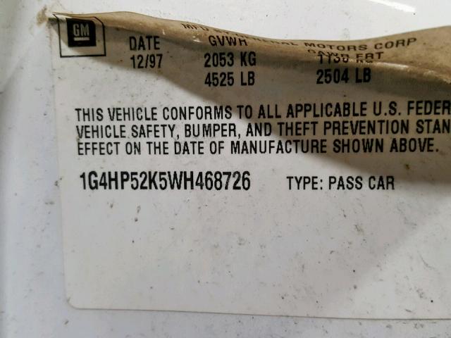 1G4HP52K5WH468726 - 1998 BUICK LESABRE CU WHITE photo 10