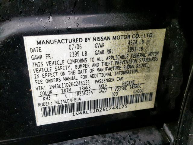 1N4BL11D26C248125 - 2006 NISSAN ALTIMA SE BLACK photo 10