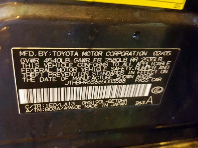 JTHBH96S665003588 - 2006 LEXUS GS GENERAT BLACK photo 10