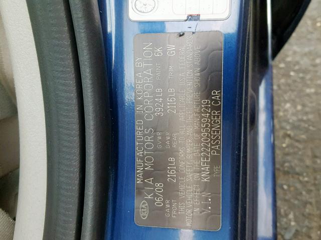 KNAFE222095594219 - 2009 KIA SPECTRA EX BLUE photo 10