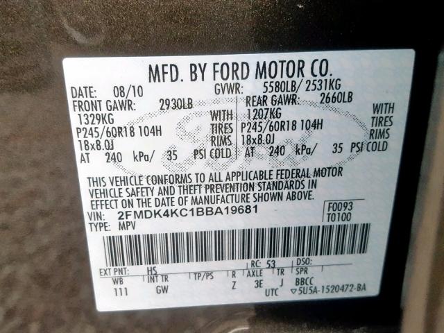 2FMDK4KC1BBA19681 - 2011 FORD EDGE LIMIT BROWN photo 10