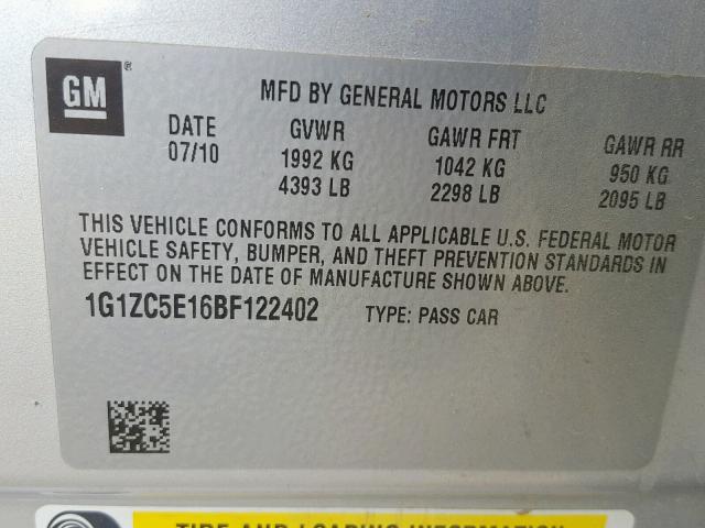 1G1ZC5E16BF122402 - 2011 CHEVROLET MALIBU 1LT GRAY photo 10