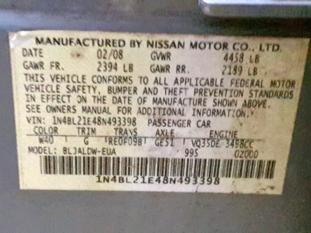 1N4BL21E48N493398 - 2008 NISSAN ALTIMA 3.5 GRAY photo 10