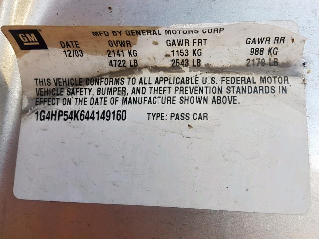 1G4HP54K644149160 - 2004 BUICK LESABRE CU SILVER photo 10