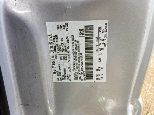 1FTYR10D82PA80157 - 2002 FORD RANGER SILVER photo 10