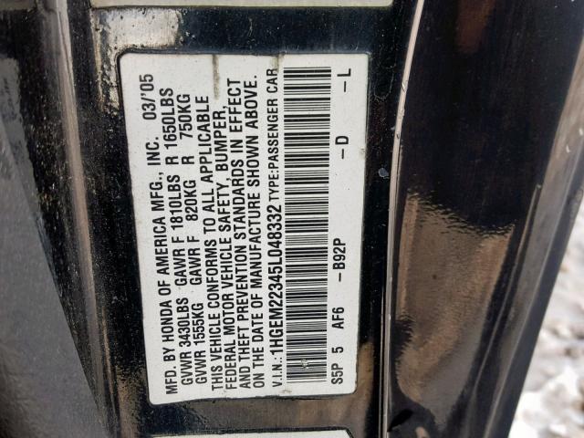 1HGEM22345L048332 - 2005 HONDA CIVIC DX V BLACK photo 10