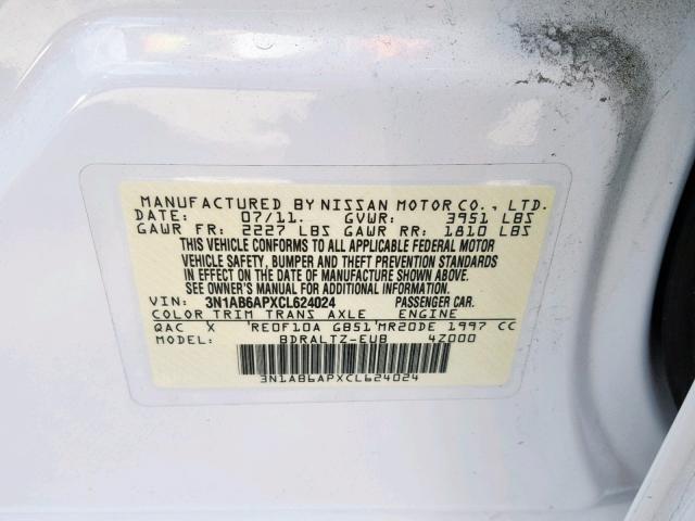 3N1AB6APXCL624024 - 2012 NISSAN SENTRA 2.0 WHITE photo 10