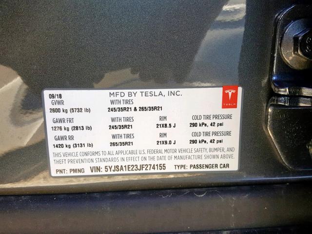 5YJSA1E23JF274155 - 2018 TESLA MODEL S CHARCOAL photo 10