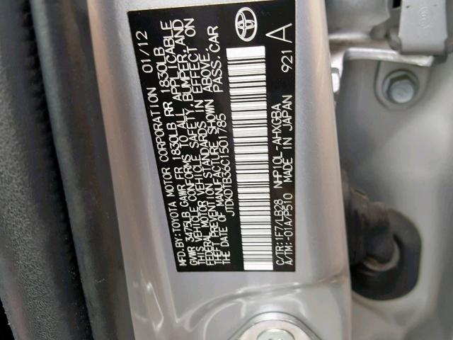 JTDKDTB36C1501785 - 2012 TOYOTA PRIUS C SILVER photo 10