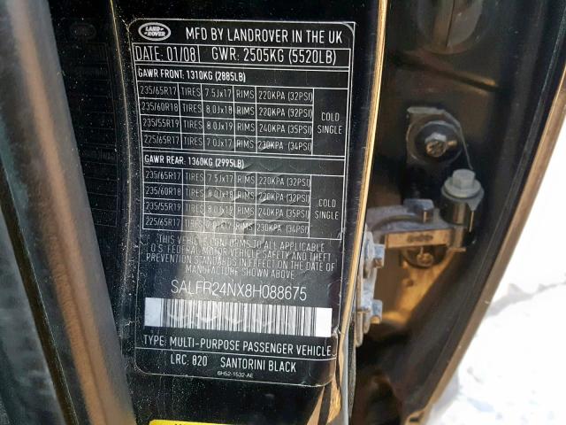 SALFR24NX8H088675 - 2008 LAND ROVER LR2 HSE BLACK photo 10