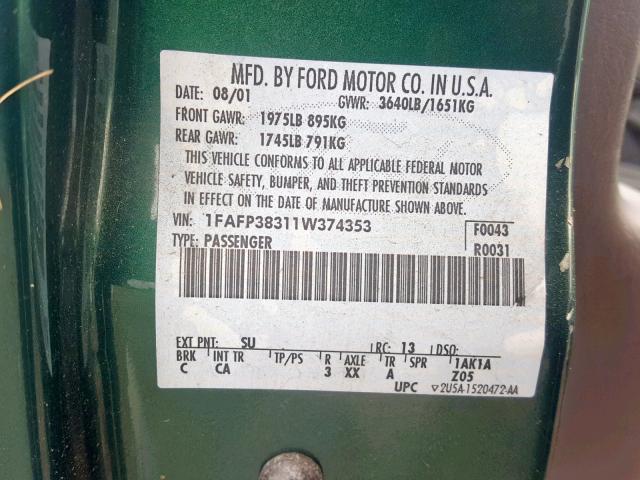 1FAFP38311W374353 - 2001 FORD FOCUS ZTS GREEN photo 10