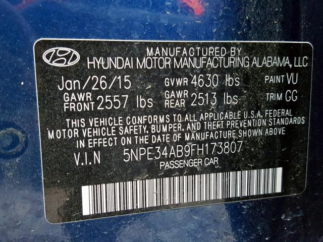 5NPE34AB9FH173807 - 2015 HYUNDAI SONATA SPO BLUE photo 10