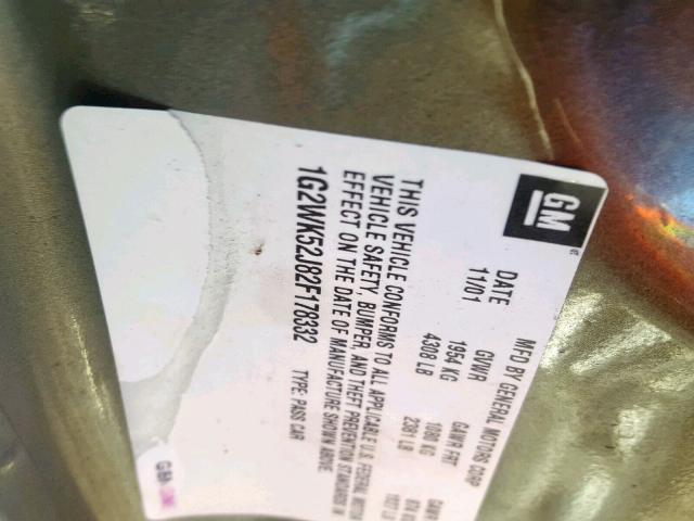 1G2WK52J82F178332 - 2002 PONTIAC GRAND PRIX GOLD photo 10