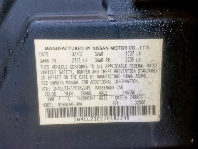 1N4CL21E17C182249 - 2007 NISSAN ALTIMA HYB BLUE photo 10