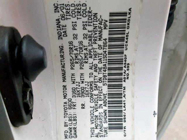 5TDBT48A11S047864 - 2001 TOYOTA SEQUOIA LI WHITE photo 10