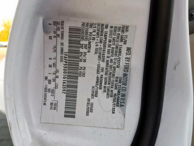 1FAFP55U01G163597 - 2001 FORD TAURUS SES WHITE photo 10