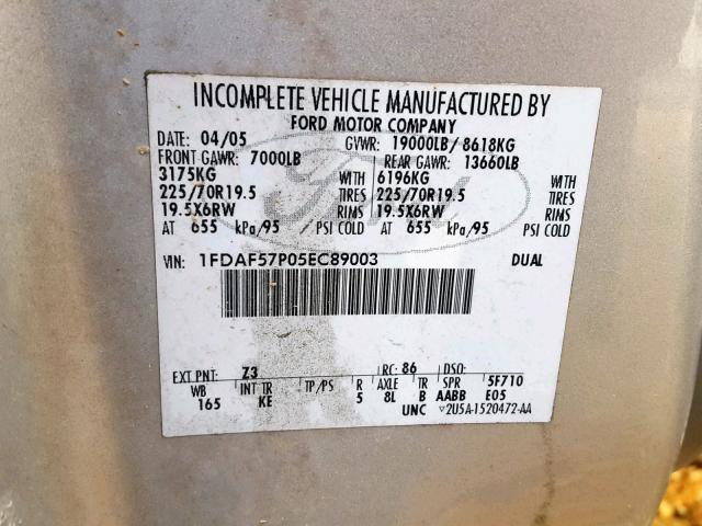 1FDAF57P05EC89003 - 2005 FORD F550 SUPER SILVER photo 10