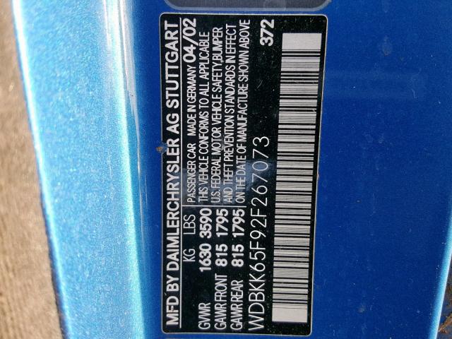 WDBKK65F92F267073 - 2002 MERCEDES-BENZ SLK 320 BLUE photo 10