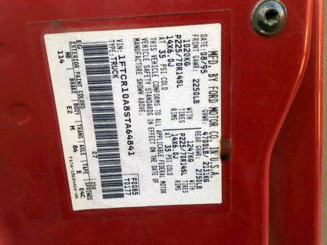 1FTCR10A8STA64841 - 1995 FORD RANGER RED photo 10